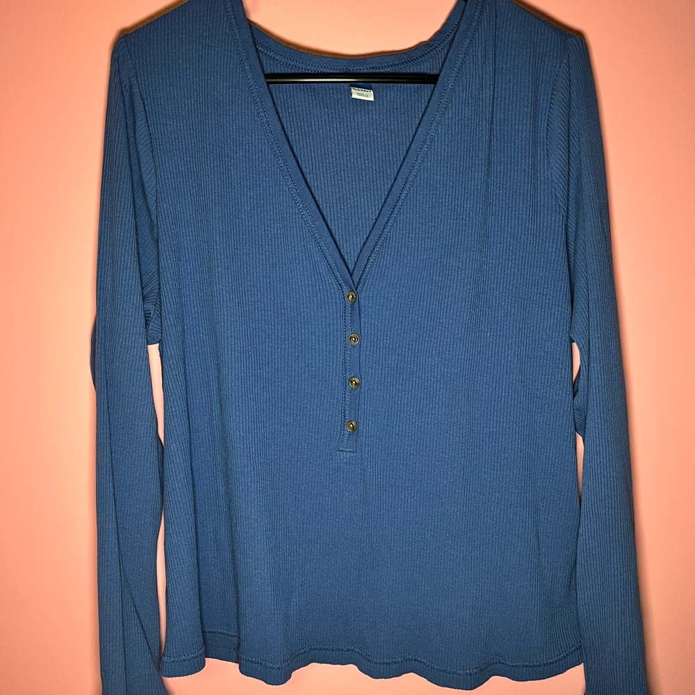 Blue V-Neck Buttoned Women's Top